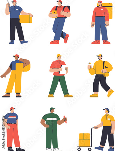 Comprehensive set of diverse professional logistics delivery workers and shipping couriers using hand trucks and carrying boxes, demonstrating efficient distribution and modern supply chain management