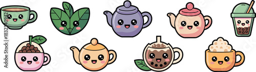 Cute kawaii cartoon vector illustration collection of happy beverage icons, including smiling teacups, colorful teapots, boba bubble tea, coffee drinks, and fresh leaves for playful marketing, web des