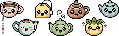 Charming and delightful kawaii cartoon beverage collection vector illustration depicting happy tea accessories, including mint green teapots, cheerful teacups, a smiling teabag, and fresh herbal ingre