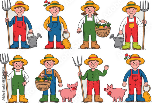 Colorful cartoon vector illustration set of farmers, gardeners, and agricultural workers harvesting vegetables and produce, standing with tools like pitchforks and watering cans alongside cute farm pi