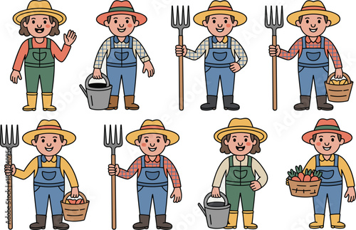 Cheerful friendly cartoon farmer and gardener characters vector illustration set harvesting diverse fresh produce, depicting sustainable agriculture and rural country lifestyle for food industry websi