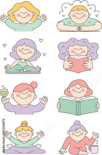 Joyful, diverse female characters enjoying relaxation, wellness, and self-care activities like reading books, yoga, meditation, and drinking tea, depicted in a cute, modern flat design illustration st