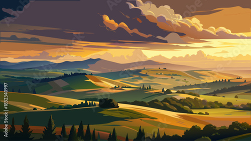 Very beautiful rolling hills and valleys under a dramatic sky, featuring warm golden-hour light, moody clouds, and soft atmospheric depth creating a peaceful and expansive semi-realistic landscape.