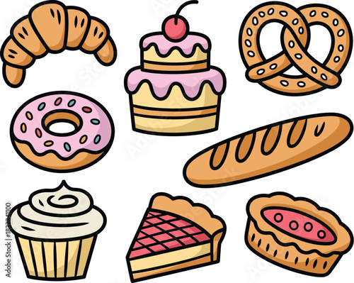Delightful cartoon bakery and pastry goods collection featuring sweet treats like croissant, pink glazed donut, stacked cake, savory pretzel, fresh bread, creamy cupcake, and sweet pie slices, offerin