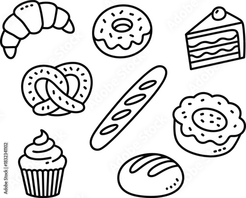 Comprehensive black outline vector illustration featuring a collection of sweet desserts and fresh baked goods, including croissant, donut, cupcake, pretzel, baguette, and layered cake slice, designed
