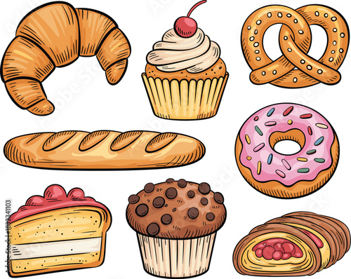 Colorful selection of traditional baked goods and sweet desserts featuring gourmet breakfast pastries like a golden croissant, rustic baguette, glazed donut, pretzel, cherry cupcake, and chocolate muf