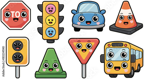 Vibrant kawaii cartoon vector collection of educational road safety icons, featuring happy anthropomorphic traffic light signals, stop sign, yield sign, blue car, school bus, and construction cones, i