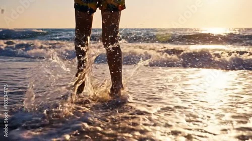 Person walking on sandy beach with ocean waves at sunset