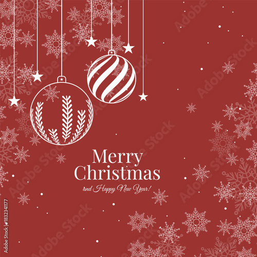 Festive image featuring hanging ornaments, snowflakes, and holiday greetings against a red backdrop, evoking a celebratory atmosphere. Merry Christmas and Happy New Year.