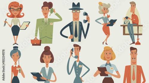 Diverse team of retro 1960s mid-century style business professionals, managers, and office staff characters communicating, holding phones and clipboards, a conceptual vintage cartoon illustration for