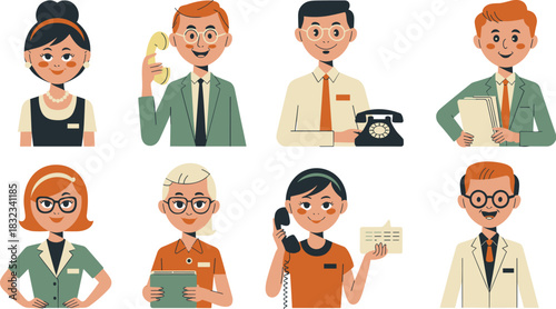 Eight friendly vintage mid-century modern business professionals and office workers isolated set of avatars engaging in communication and administrative tasks like holding rotary telephones and files,