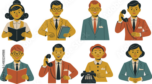 Collection of diverse mid-century modern business professionals and office workers in a corporate administration team, engaged in communication, consulting, and customer support, reading documents and