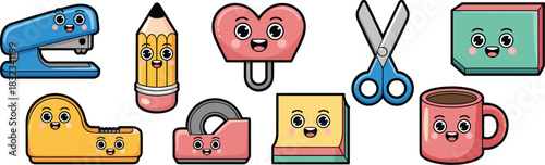 A cheerful and adorable kawaii cartoon vector illustration featuring a full collection of essential office supplies and school stationery items like a blue stapler, short pencil, tape dispensers, scis