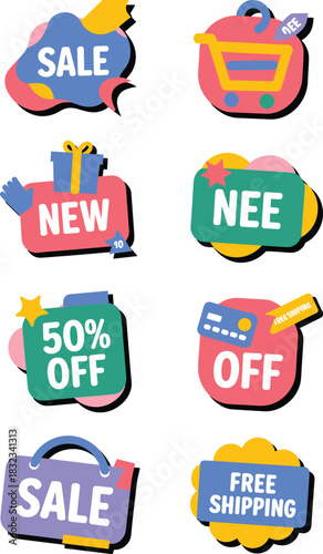 Vibrant, abstract-shaped sticker badges featuring major retail sales, shopping discounts, new arrivals, 50% off offers, and free shipping deals for contemporary digital marketing campaigns, e-commerce