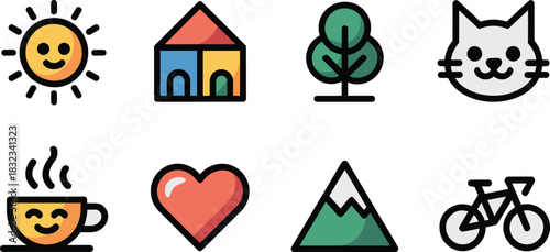 A complete vector pictogram set featuring common daily subjects like sun, home, nature, pet, coffee, love, mountain, and transport, designed in a modern, bold, minimalist, and colorful cartoon style f