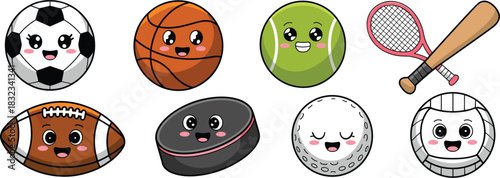 A cute kawaii cartoon collection of various athletic sports balls and game equipment, including soccer, basketball, golf, tennis, volleyball, football, hockey puck, racket, and baseball bat, perfect v