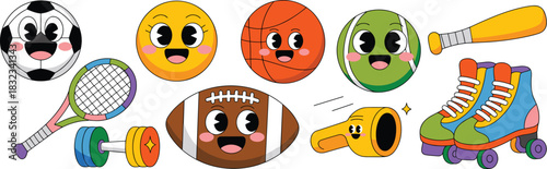 A collection of happy retro cartoon sports equipment featuring smiling soccer ball, basketball, tennis ball, American football, dumbbell, whistle, tennis racket, baseball bat, and colorful roller skat