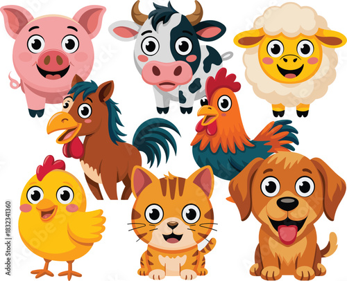 A vibrant, cute, happy collection of essential farm and domestic animals, including pig, cow, sheep, rooster, chick, horse, friendly dog, and striped cat, smiling together as a cheerful educational se