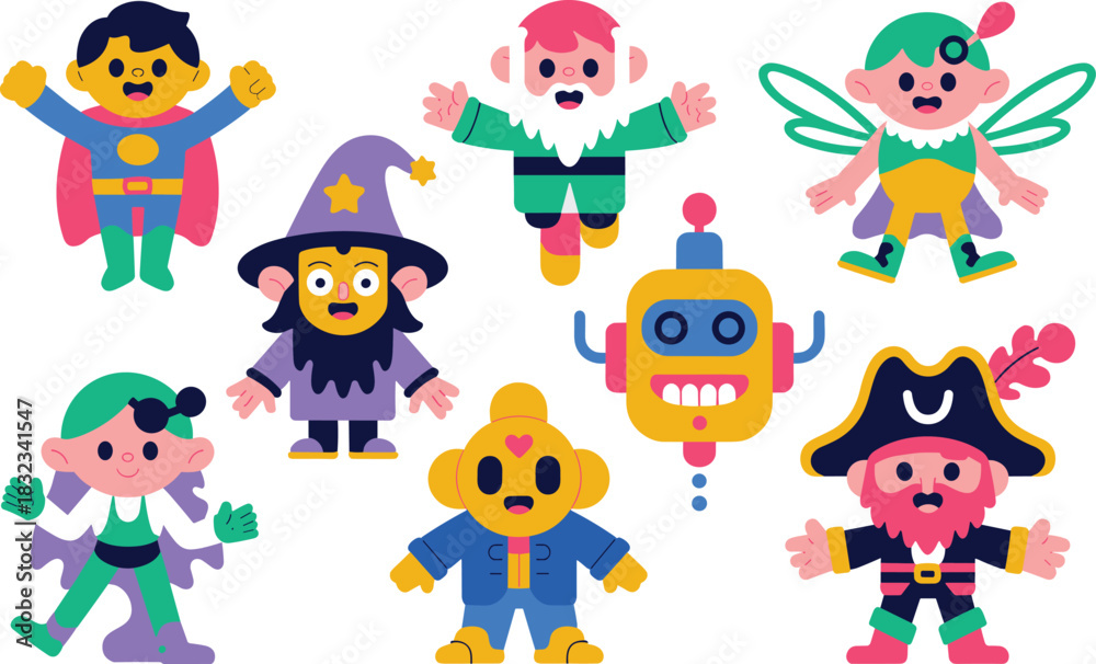 Fototapeta premium A vibrant and playful flat design vector character set collection featuring diverse fantasy avatars: superhero, wizard, pirate, robot, gnome, and mythical fairy sprites, perfect modern graphic assets