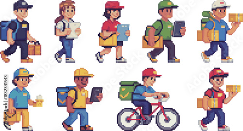 Collection of diverse pixel art delivery couriers, professional logistics workers, and gig economy messengers carrying packages, mail, and food, walking or riding bicycles, illustrating quick shipment