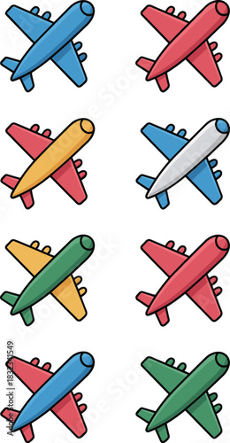 Vibrant flat design airplane icons vector set, featuring multiple colorful aeroplanes and aircraft symbols for global logistics, international travel, aviation industry presentations, modern technolog