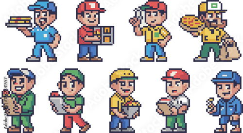 Retro pixel art collection of friendly delivery drivers and essential service workers, happy couriers transporting food, pizza, packages, and groceries, representing the modern gig economy workforce f