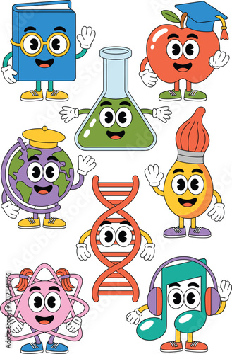 Fun educational characters collection of diverse school subjects, including STEM concepts like DNA, physics atom, chemistry flask, math book, and creative arts, depicted in a cheerful retro cartoon st
