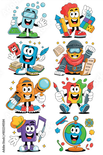 Vibrant academic learning subject characters vector set illustration showing friendly happy cartoon mascots representing science, literature, history, math, art, and music, perfect for digital e-learn