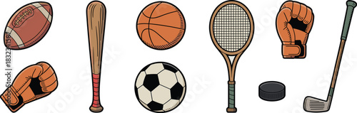 A versatile collection of retro classic sports equipment illustration featuring a baseball bat, tennis racket, golf club, soccer and basketball, boxing glove, hockey puck, and American football gear,