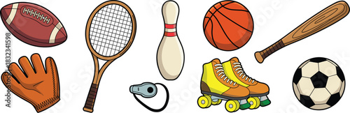 Diverse vector collection of essential athletic sports equipment and recreational game gear assortment including football, tennis racket, baseball glove, bowling pin, basketball, soccer ball, bat, rol