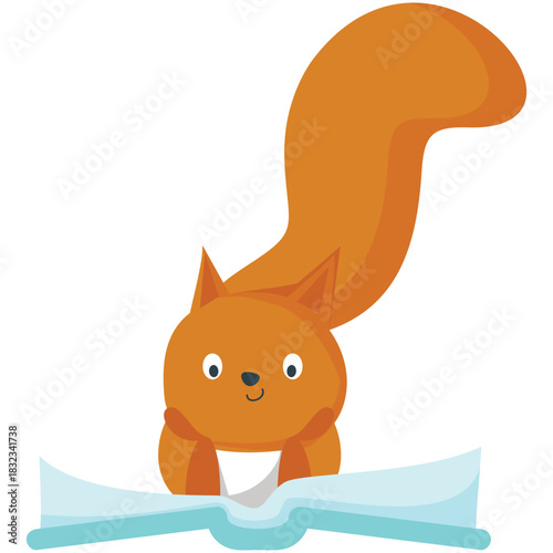 Squirrel with book vector. Animal read icon. Cute smart forest character reading illustration. Happy cartoon rodent literature lover isolated on white background