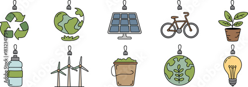 A detailed collection of hand-drawn vector doodle eco-friendly icons representing global environmental sustainability, including recycling, solar energy, wind power, planet Earth, reusable bottle, and
