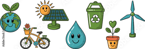 A collection of smiling cartoon ecology symbols including a happy Earth, solar panel, wind turbine, clean water drop, recycling bin, potted plant, and eco-friendly bicycle illustrating sustainable ene