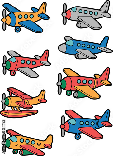 A vibrant collection of cute cartoon airplanes and aircraft in various models, including propeller planes, seaplanes, and small jets, featuring bright colors and thick outlines perfect for children's