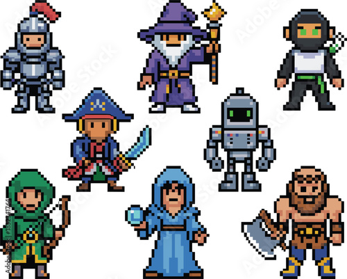 A comprehensive collection of 8-bit retro pixel art fantasy RPG video game characters including warrior knight, powerful wizard, agile rogue ninja, pirate adventurer, hooded archer ranger, rugged barb