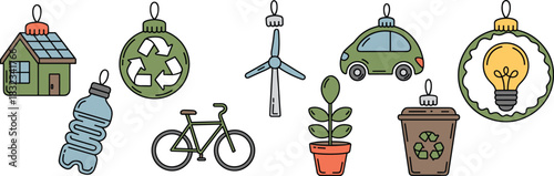 Doodle style vector collection of sustainable green holiday ornaments and eco icons illustrating concepts like renewable energy, solar power, recycling, clean transportation, wind turbines, and nature