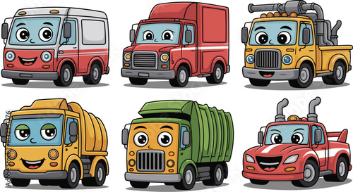 Delightful collection of six friendly cartoon utility, cargo, and service trucks and commercial transportation vehicles, including delivery van, refuse collector, and cement mixer, digitally illustrat