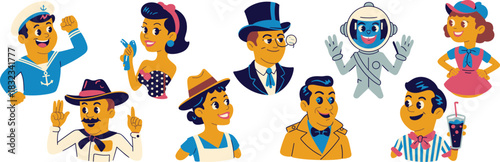 Large collection of diverse mid-century vintage retro characters and vocations, including a cheerful sailor, classic astronaut, pin-up waitress, smiling detective, elegant gentleman, and happy cowboy,