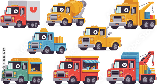 A comprehensive diverse set of nine adorable cartoon heavy service and construction transport vehicles, including cement mixers, food trucks, tow wreckers, and hauling delivery vans, an isolated vecto