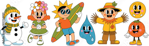 Vintage rubber hose style cartoon characters representing four seasons and nature elements, including happy snowman, spring flowers girl, summer surfer kid, rain drop, autumn harvest scarecrow, and ch