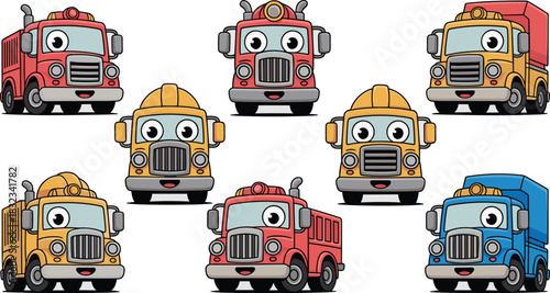 Eight adorable cartoon heavy-duty service vehicles and municipal machinery, featuring smiling red fire engine trucks, bright yellow construction dump trucks, and a cheerful blue utility delivery van c