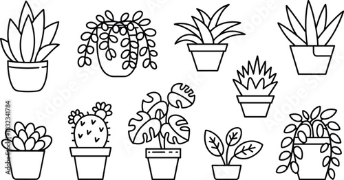 Minimal line art collection of popular potted houseplants and indoor garden essentials including succulent, cactus, Monstera, and trailing vines, perfect vector icons for modern home decor, botany, li