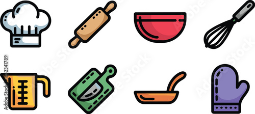 Comprehensive culinary kitchen and baking utensil icons set featuring essential chef tools like rolling pins, whisks, oven mitts, and cutting boards, rendered in a colorful modern flat vector illustra