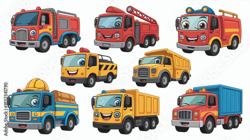 A large collection of colorful cartoon trucks and friendly industrial heavy vehicles smiling happily, including red fire engines, specialized ladder trucks, bright yellow construction dump trucks, and