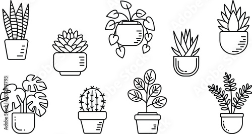Comprehensive set of modern potted indoor houseplant icons, featuring popular tropical foliage like snake plant, Monstera, cactus, and succulent varieties, depicted in clean black outline vector line
