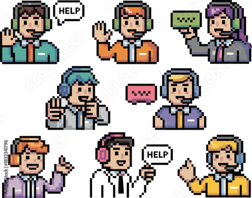 Pixel art customer service agent avatars set featuring diverse, friendly call center representatives wearing headsets, actively offering technical support and online assistance with speech bubbles, pr