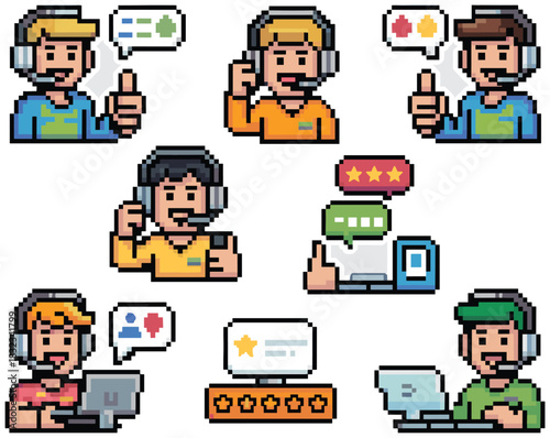 Pixel art customer service and technical support agents wearing headsets giving positive thumbs up with various feedback ratings and chat communication bubbles, perfect for modern digital helpdesk bus