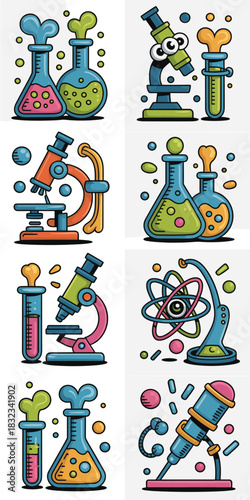 Playful and vibrant set of vector science icons featuring chemical flasks, bubbling test tubes, detailed laboratory microscopes, and atomic structure models, perfect for educational materials, STEM pr