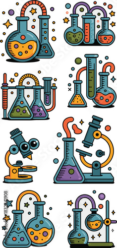 Vibrant and stylized cartoon vector illustration set of essential chemistry laboratory equipment, showcasing flasks, test tubes, graduated cylinders, and microscopes for scientific education, chemical