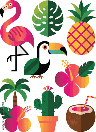 A vibrant tropical vector illustration collection featuring exotic summer animals like a bright pink flamingo and colorful toucan, alongside island plants such as a pineapple, monstera leaf, hibiscus